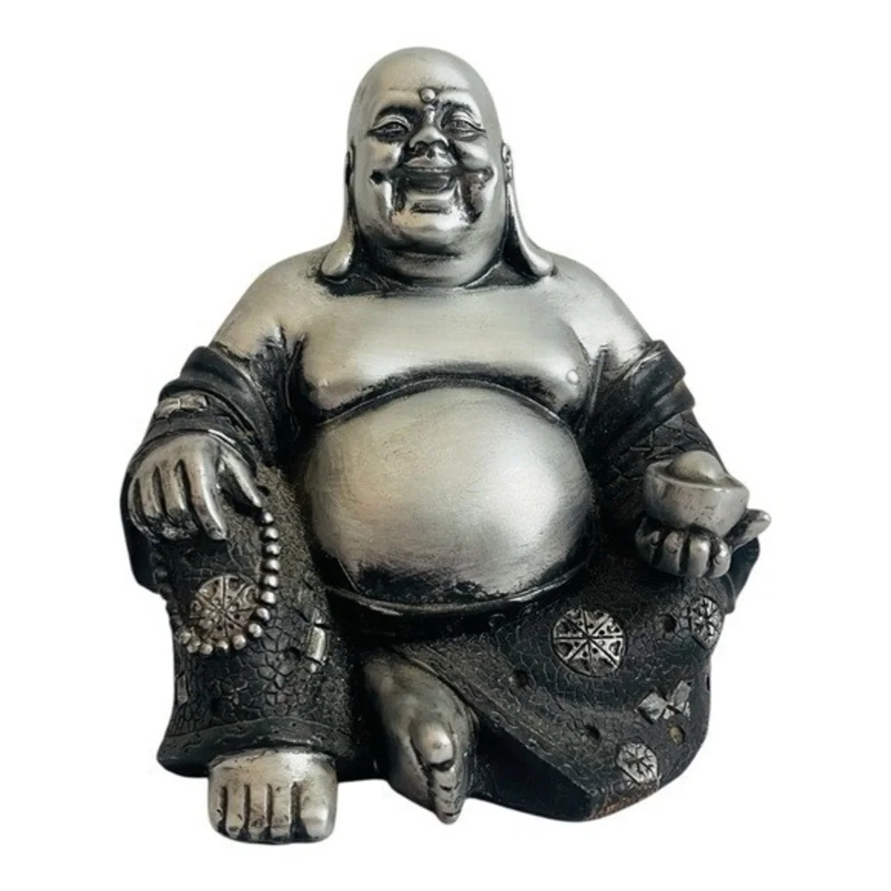 Silver Tone Happy Buddha Statue Sitting 6